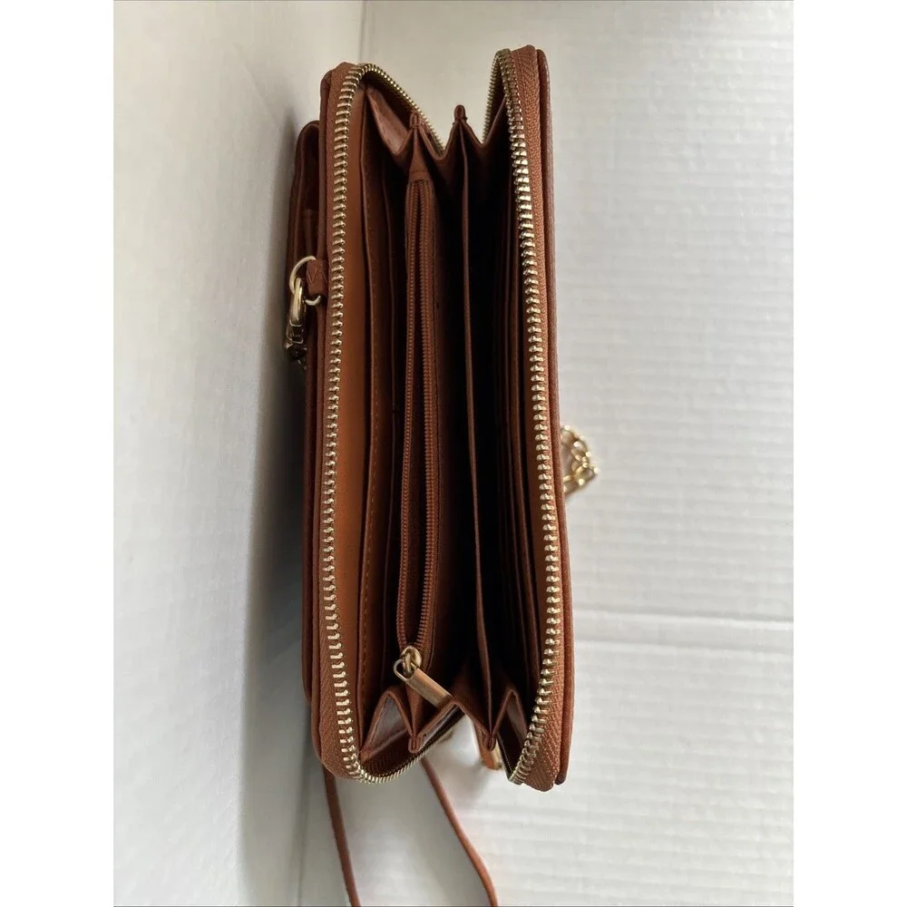 Dasein Crossbody Small Bag or Clutch Tan Brown Faux Leather Gold Chain Strap 8x4